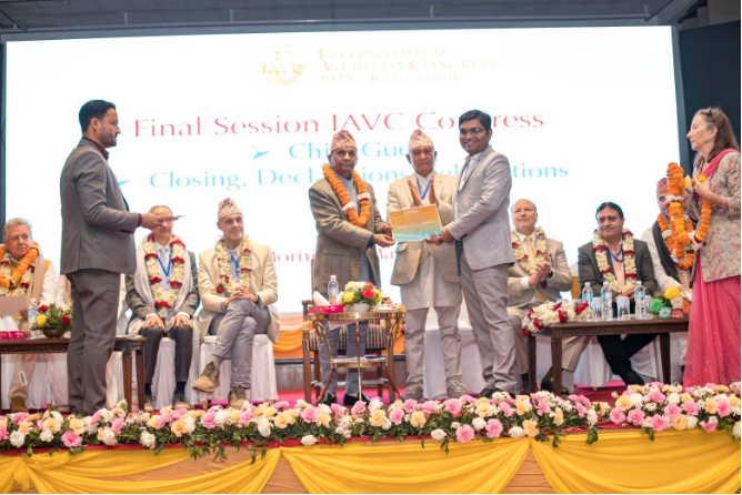 Honored by Khil Raj Regmi, Prime Minister of Nepal, Dr. Abhijeet Shirkande was recognized for his significant contributions to the 7th International Ayurveda Congress in Kathmandu